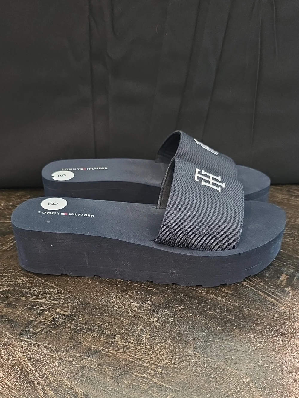 Tommy Hilfiger Navy Slide Sandals with White TH Monogram